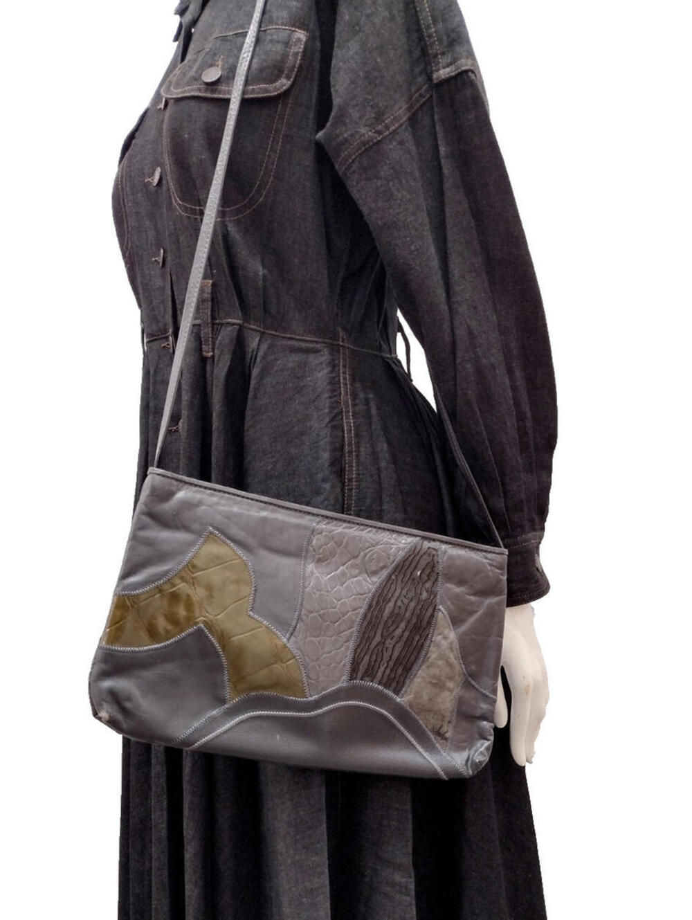 Vintage 70s 80s Bag Gray Leather Patchwork Purse Shoulder Bag Can Be A Clutch!